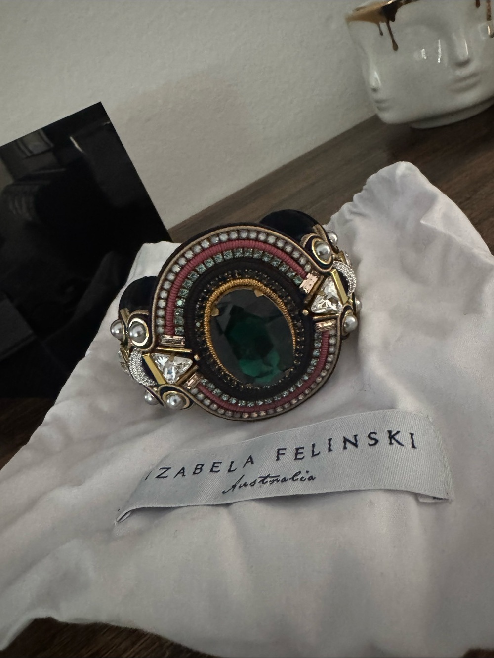 Izabela Felinski Embellished Black Velvet Cuff Bracelet with Green Center Stone